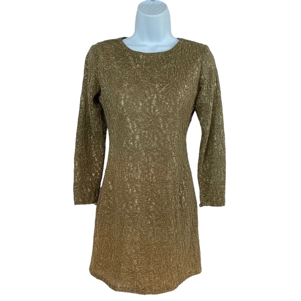 Vintage Anne Klein II Dress Body Con Metallic Gold 2 Petite Long Sleeve …